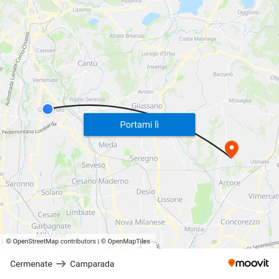 Cermenate to Camparada map