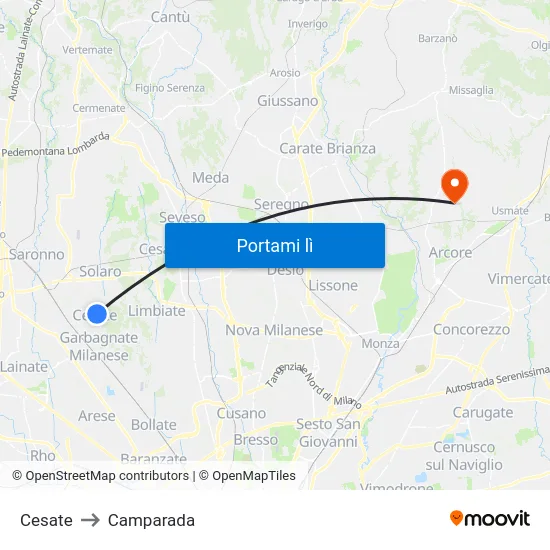 Cesate to Camparada map