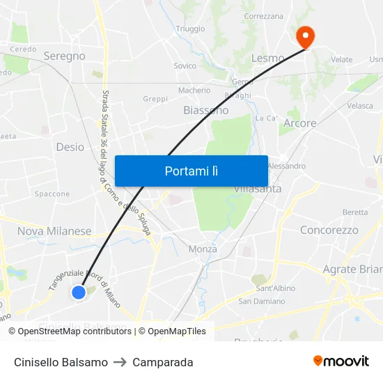 Cinisello Balsamo to Camparada map