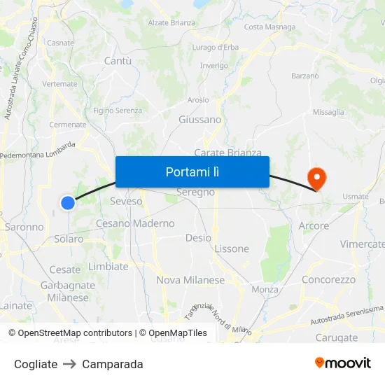 Cogliate to Camparada map