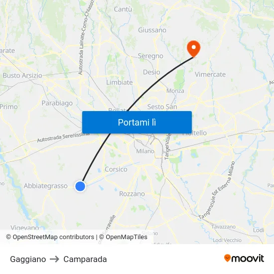 Gaggiano to Camparada map