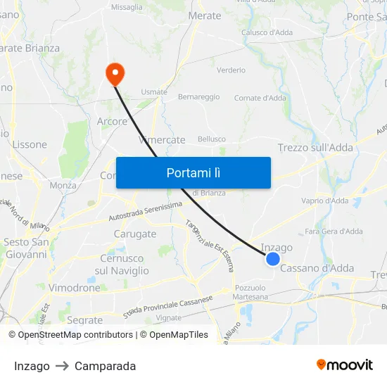 Inzago to Camparada map