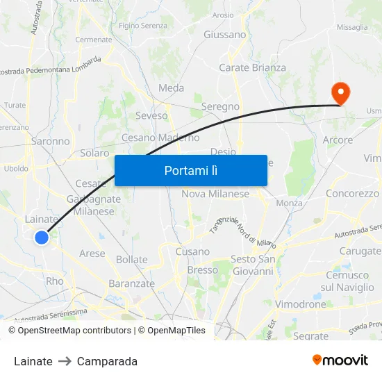 Lainate to Camparada map