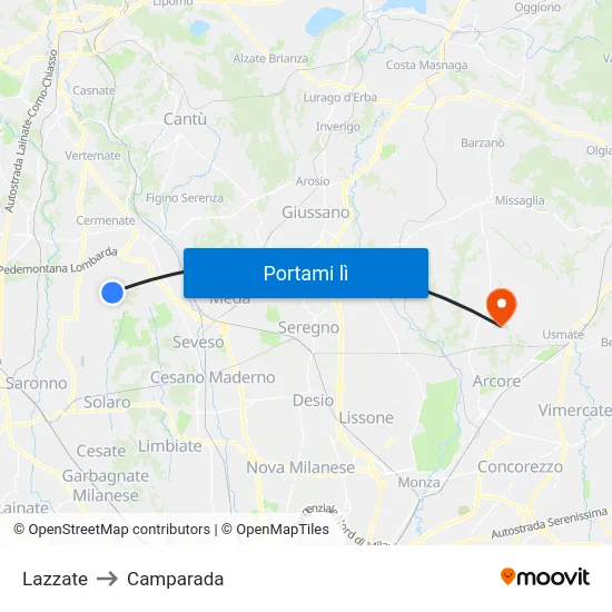 Lazzate to Camparada map