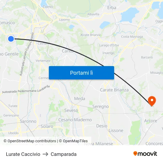 Lurate Caccivio to Camparada map