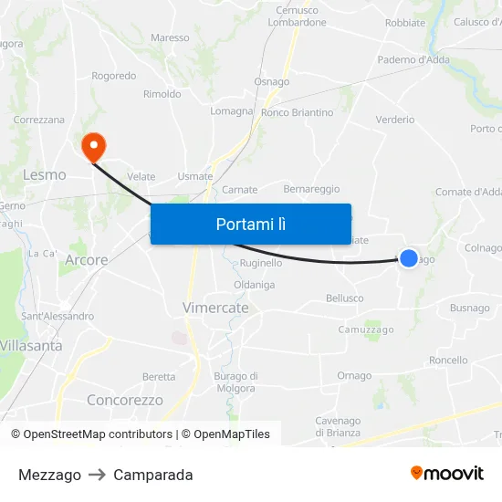 Mezzago to Camparada map