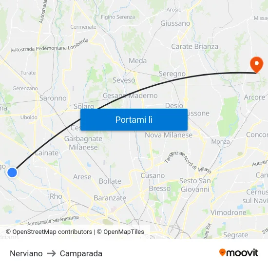 Nerviano to Camparada map