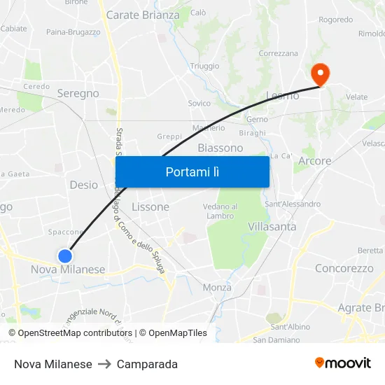 Nova Milanese to Camparada map