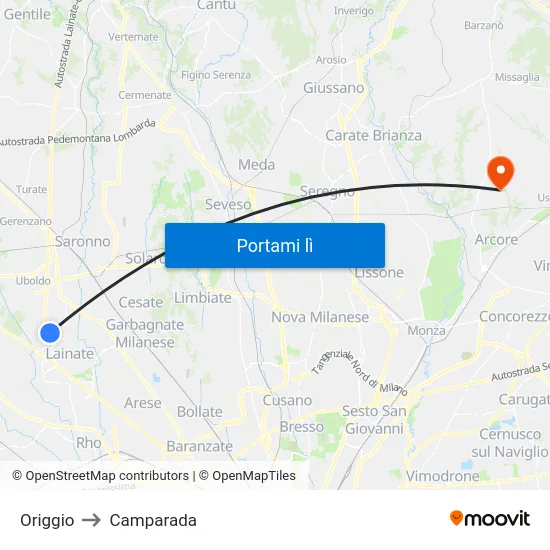 Origgio to Camparada map