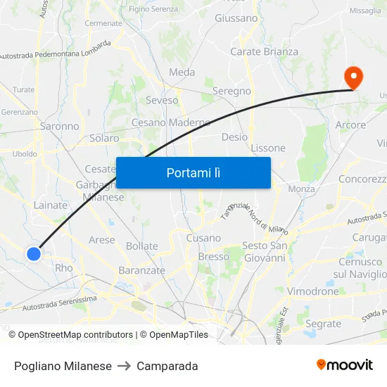 Pogliano Milanese to Camparada map