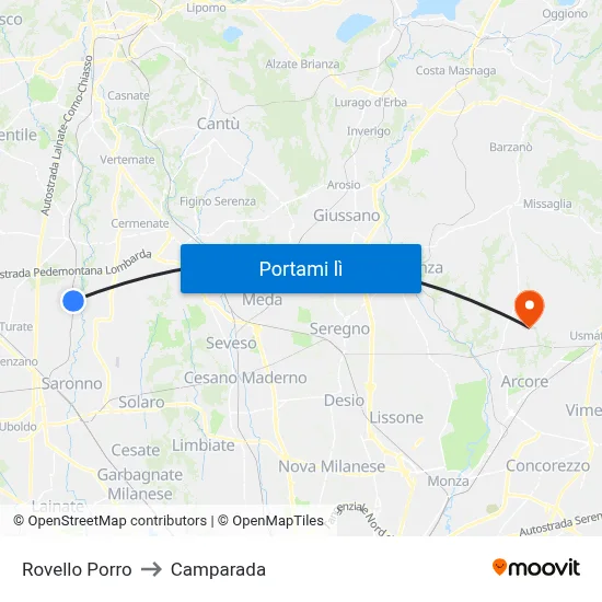 Rovello Porro to Camparada map