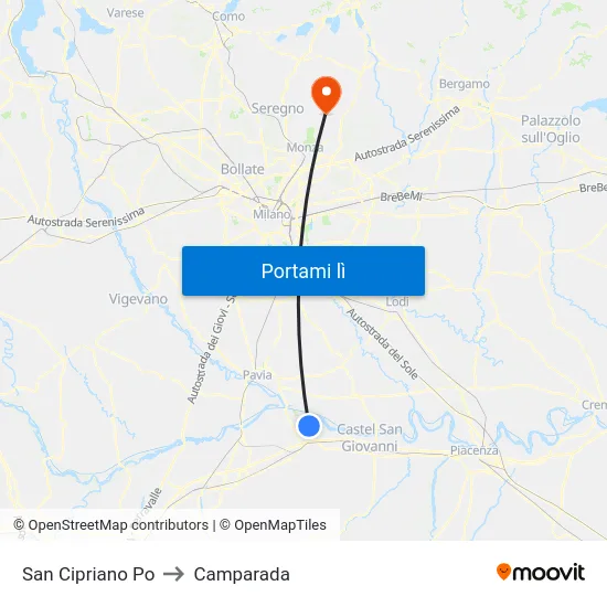 San Cipriano Po to Camparada map