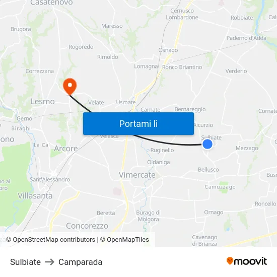 Sulbiate to Camparada map