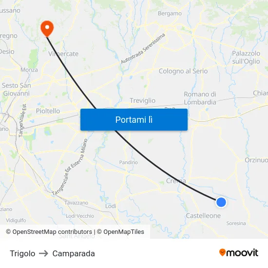 Trigolo to Camparada map