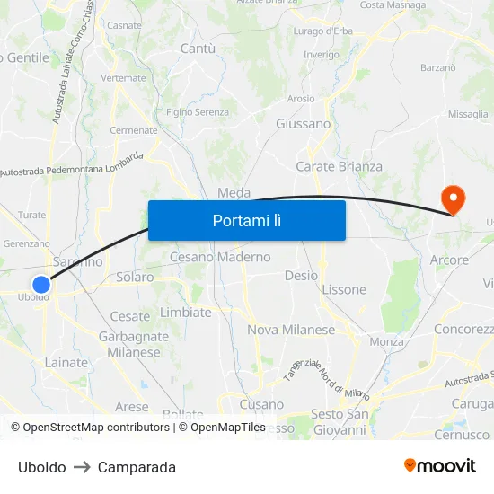 Uboldo to Camparada map