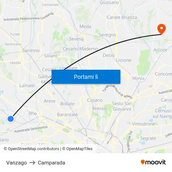 Vanzago to Camparada map