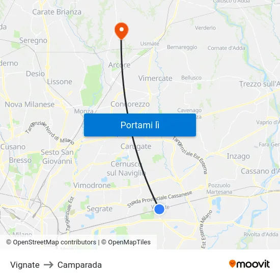 Vignate to Camparada map