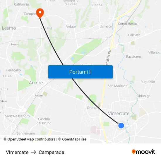 Vimercate to Camparada map
