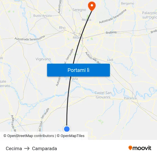 Cecima to Camparada map