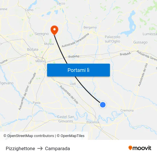 Pizzighettone to Camparada map
