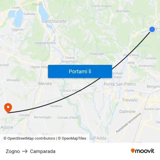 Zogno to Camparada map