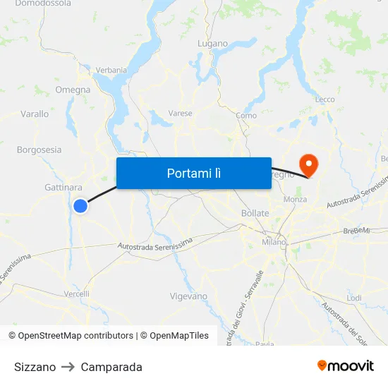 Sizzano to Camparada map