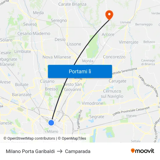 Milano Porta Garibaldi to Camparada map