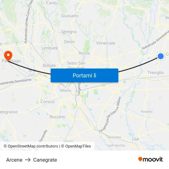 Arcene to Canegrate map