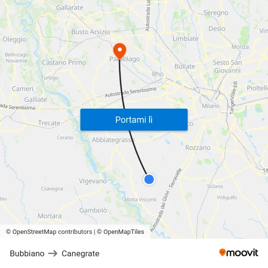 Bubbiano to Canegrate map