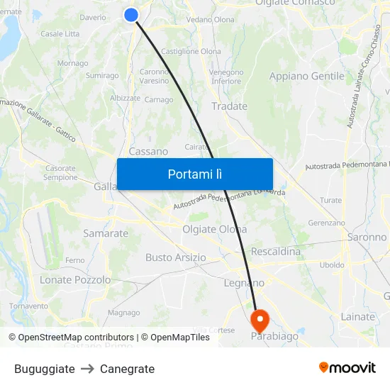 Buguggiate to Canegrate map