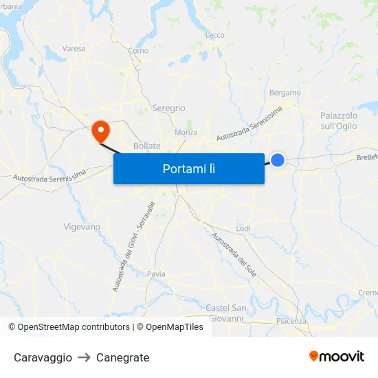 Caravaggio to Canegrate map