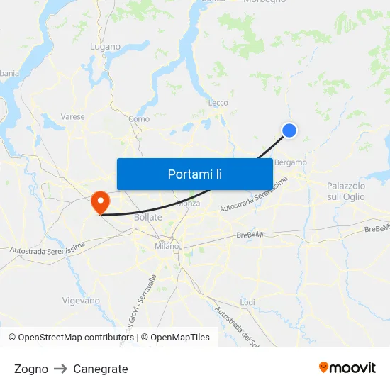 Zogno to Canegrate map