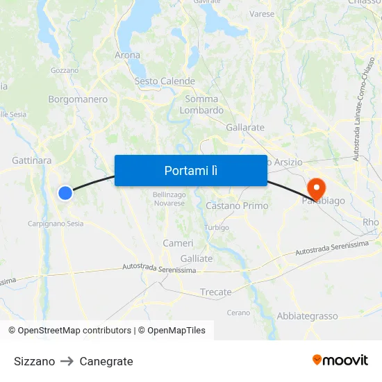 Sizzano to Canegrate map