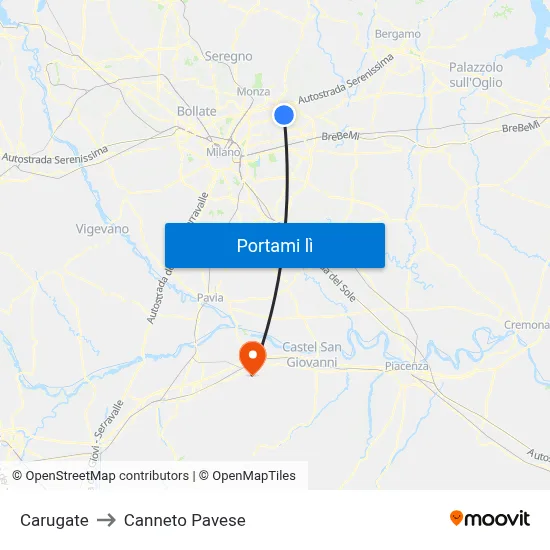 Carugate to Canneto Pavese map
