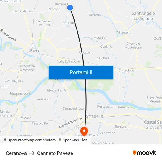 Ceranova to Canneto Pavese map