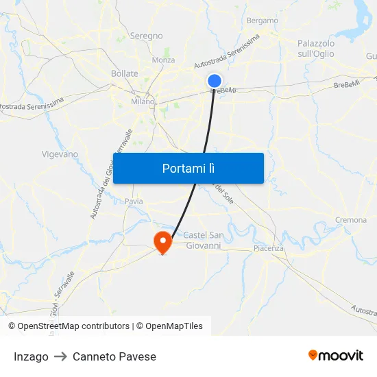 Inzago to Canneto Pavese map