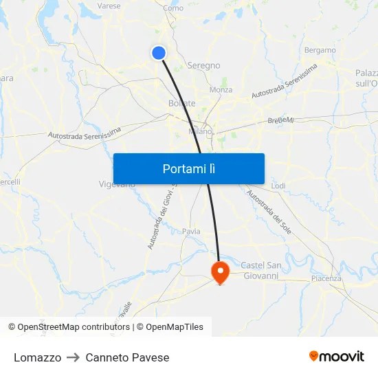 Lomazzo to Canneto Pavese map