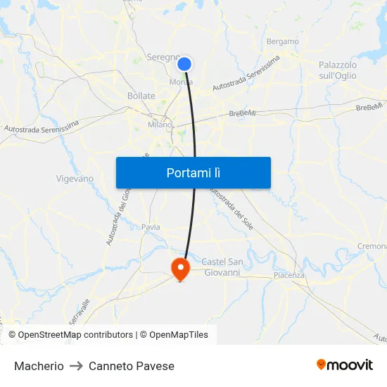 Macherio to Canneto Pavese map