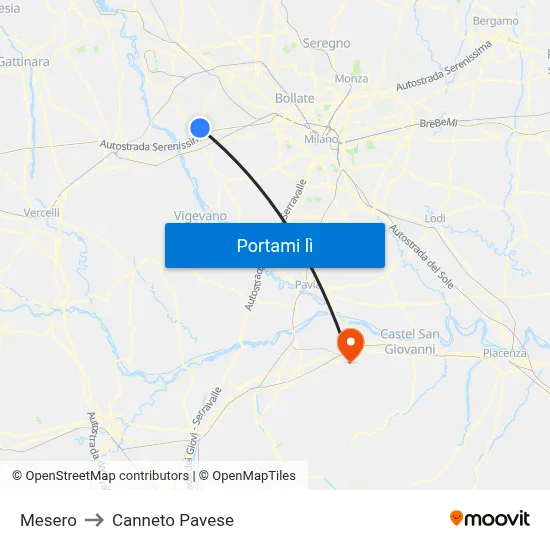 Mesero to Canneto Pavese map