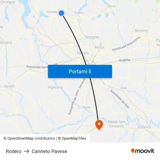 Rodero to Canneto Pavese map