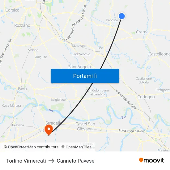 Torlino Vimercati to Canneto Pavese map