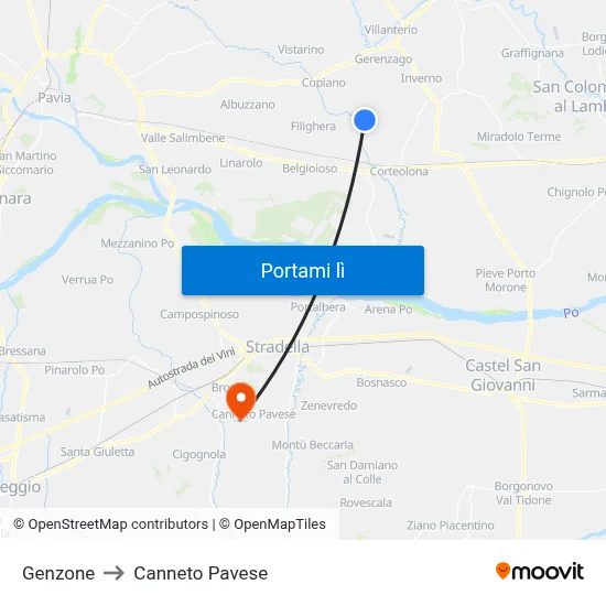 Genzone to Canneto Pavese map
