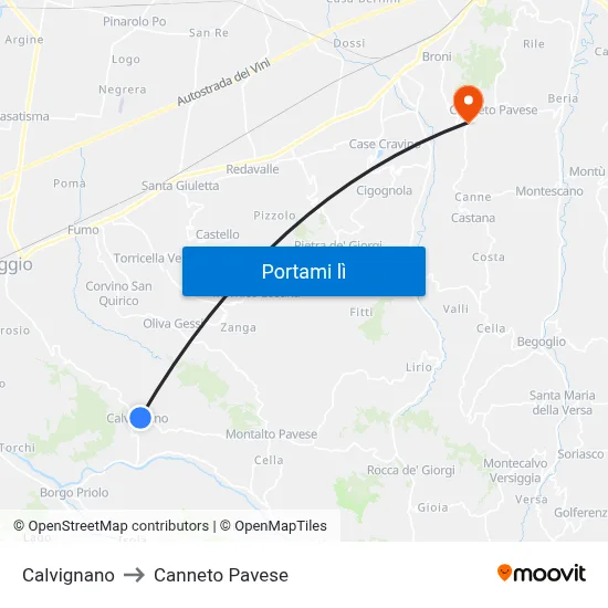 Calvignano to Canneto Pavese map