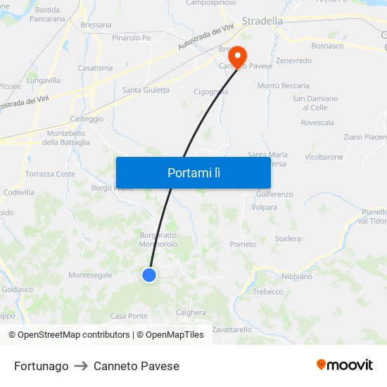 Fortunago to Canneto Pavese map