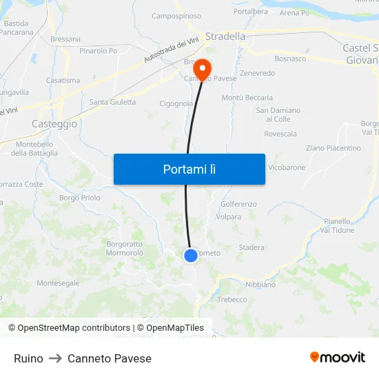 Ruino to Canneto Pavese map