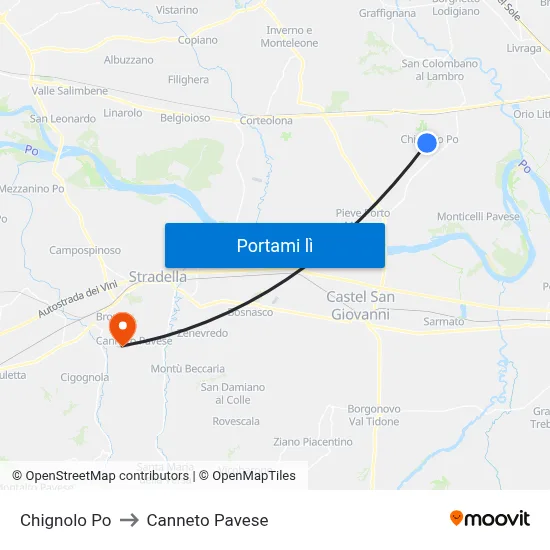 Chignolo Po to Canneto Pavese map