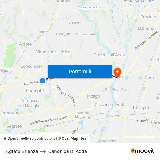 Agrate Brianza to Canonica D' Adda map