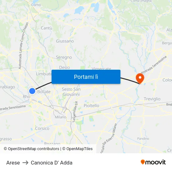 Arese to Canonica D' Adda map