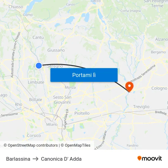 Barlassina to Canonica D' Adda map