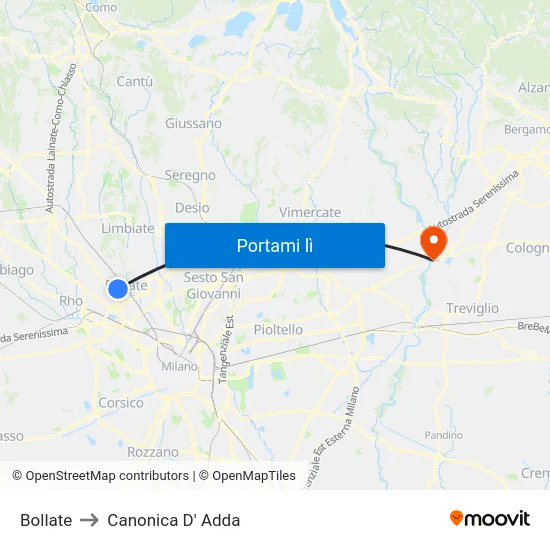 Bollate to Canonica D' Adda map